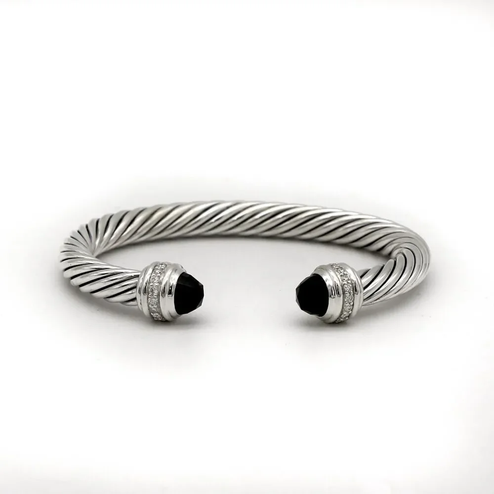 David Yurman Silver 925 Onyx diamond Classic Cable Cuff Bracelet